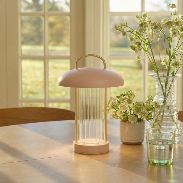 Nordlux Lampa de masă cu LED și baterie Mirano, roz praf, înălțime 29 cm, metal, reglabil, Roz / Rosé, Camera de zi / sufragerie, Metal, Scandinavă, Felinar