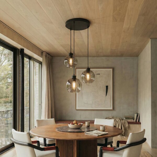 TK Lighting Lampă suspendată Cubus, Ø 50 cm, 3 becuri, gri fumuriu, sticlă, reglabil, Gri, Camera de zi / sufragerie, Sticlă, Modern