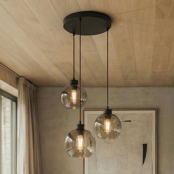 TK Lighting Lampă suspendată Cubus, Ø 50 cm, 3 becuri, gri fumuriu, sticlă, reglabil, Gri, Camera de zi / sufragerie, Sticlă, Modern