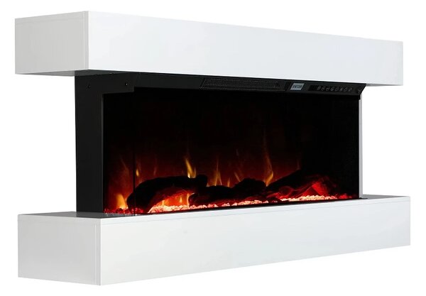 Șemineu electric, montare independentă, cadru MDF, sticla securizata, flacara LED cu efect realist, difuzor cu sunet de lemne trosnind, Alb