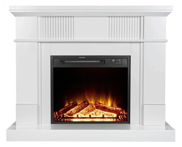 Semineu electric cu mască MDF, flacără LED, bușteni decorativi, sunet lemne, termostat, timer, telecomandă, Alb