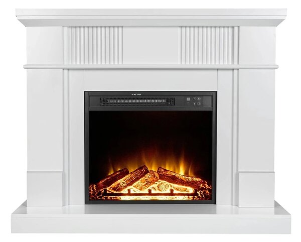 Semineu electric cu mască MDF, flacără LED, bușteni decorativi, sunet lemne, termostat, timer, telecomandă, Alb