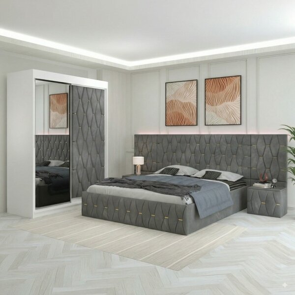 Dormitor Eric Gri Tapitat Cu Noptiere Tapitate + Extensii 140x200