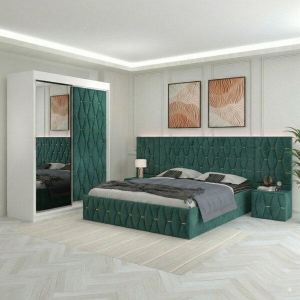 Dormitor Eric Verde Tapitat Cu Noptiere Tapitate + Extensii 140x200