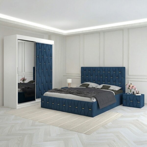 Dormitor Eric Albastru Tapitat Cu Noptiere Tapitate 160x200