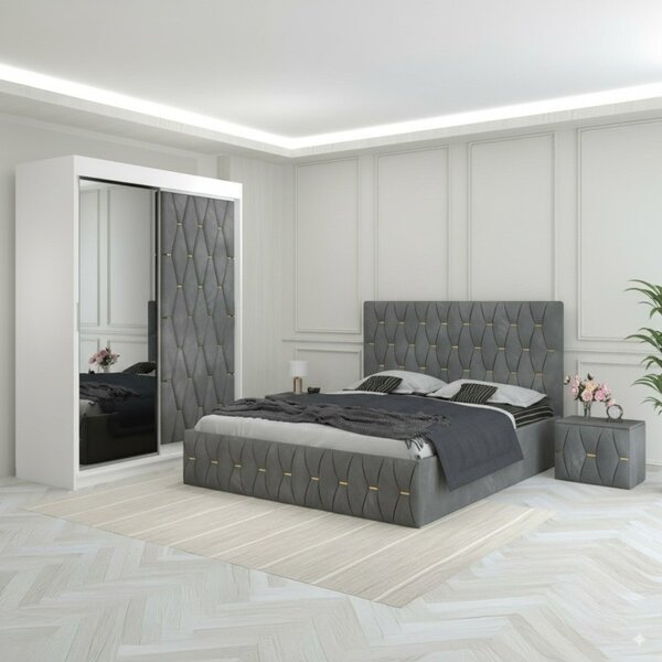 Dormitor Eric Gri Tapitat Cu Noptiere Tapitate 160x200