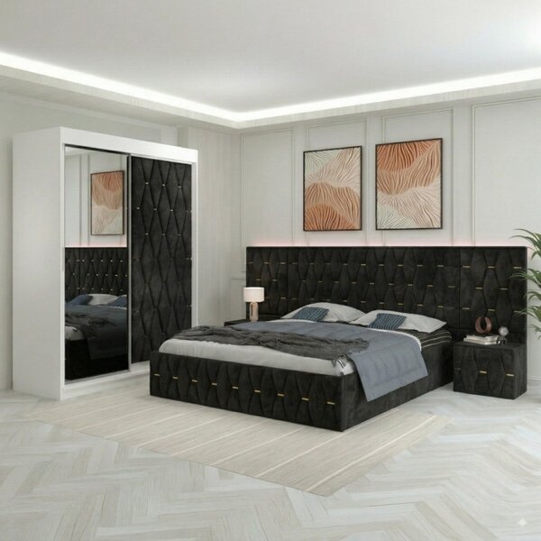Dormitor Eric Negru Tapitat Cu Noptiere Tapitate + Extensii 160x200