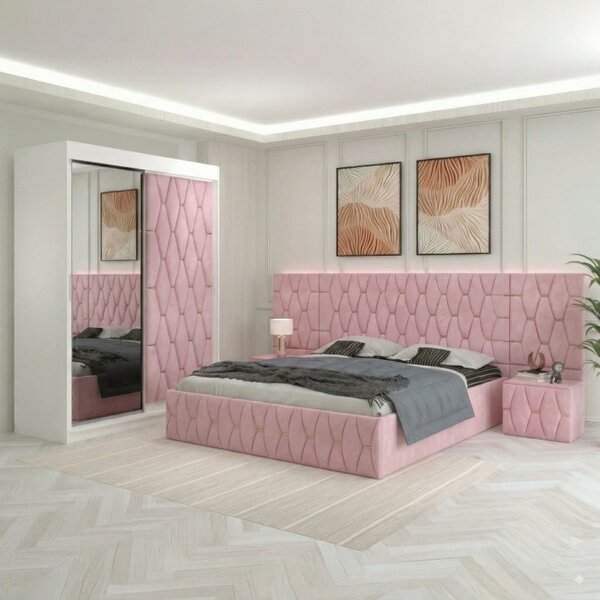 Dormitor Eric Roz Tapitat Cu Noptiere Tapitate + Extensii 160x200