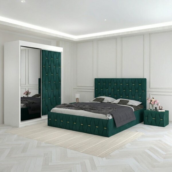 Dormitor Eric Verde Tapitat Cu Noptiere Tapitate 160x200