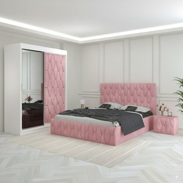 Dormitor Eric Roz Tapitat Cu Noptiere Tapitate 160x200