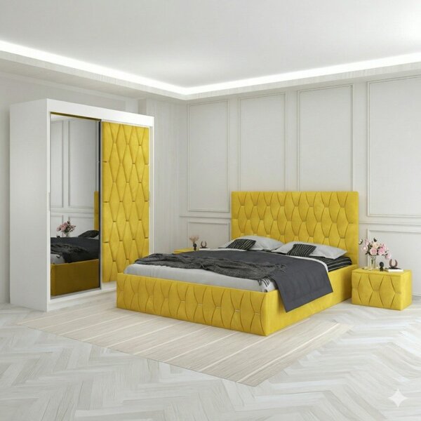 Dormitor Eric Galben Tapitat Cu Noptiere Tapitate 160x200