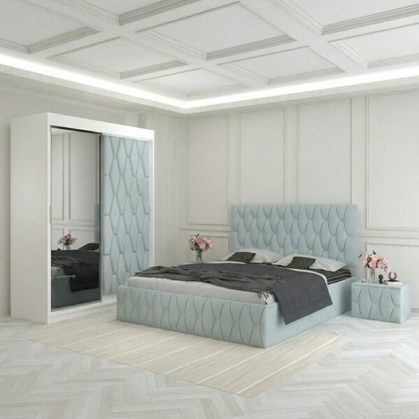 Dormitor Eric Lemon Tapitat Cu Noptiere Tapitate 160x200