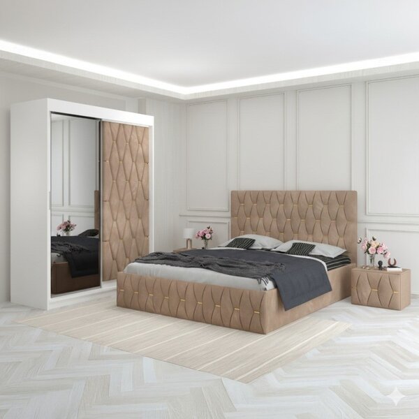 Dormitor Eric Crem Tapitat Cu Noptiere Tapitate 160x200