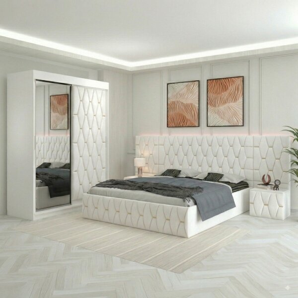 Dormitor Eric Alb Tapitat Cu Noptiere Tapitate + Extensii 160x200