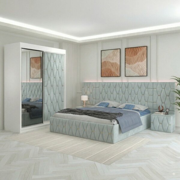 Dormitor Eric Lemon Tapitat Cu Noptiere Tapitate + Extensii 160x200