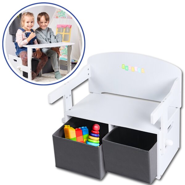 Birou Pentru Copii cu Scaun Convertibil Bancuta 3 in 1 Cu Masuta Si Spatii De Depozitare Jucarii din Lemn MDF, Culoare Alb cu Gri, Varsta 3-6 Ani