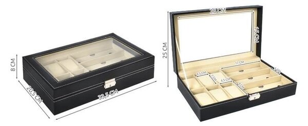 Caseta pentru ceasuri si bijuterii, 9 compartimente, inchidere cu cheie, design elegant