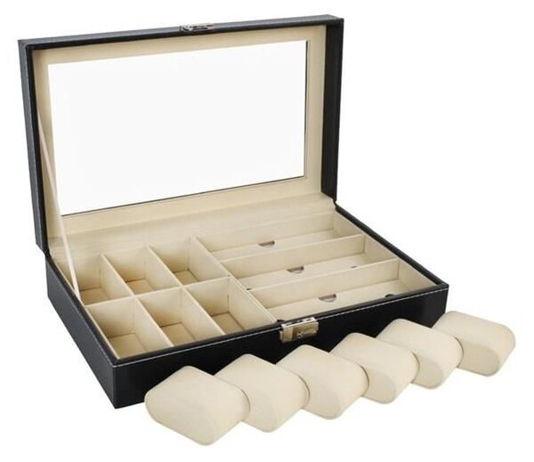 Caseta pentru ceasuri si bijuterii, 9 compartimente, inchidere cu cheie, design elegant