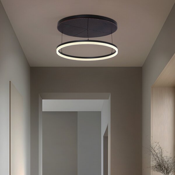 Lucande Plafonieră LED Orven, negru/lemn, Ø50cm, dimabil, reglabil, Negru, Camera de zi / sufragerie, Metal, Modern