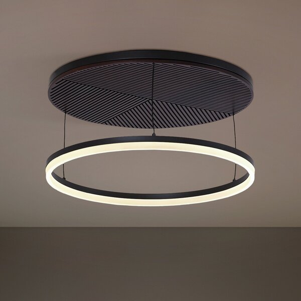 Lucande Plafonieră LED Orven, negru/lemn, Ø50cm, dimabil, reglabil, Negru, Camera de zi / sufragerie, Metal, Modern
