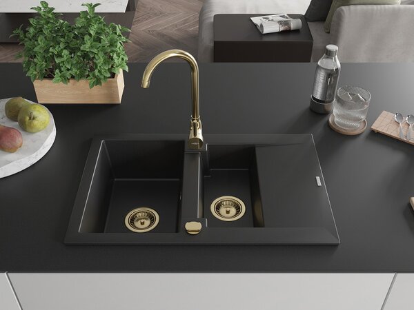 Mexen Gaspar, chiuveta granit 737x475x177 mm, 1,5 camere, negru cu sifon auriu, 6507731505-77-G