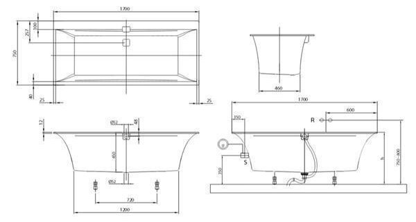 Cada pentru inzidire Villeroy & Boch, Squaro Edge, 170 x 75 cm, alb