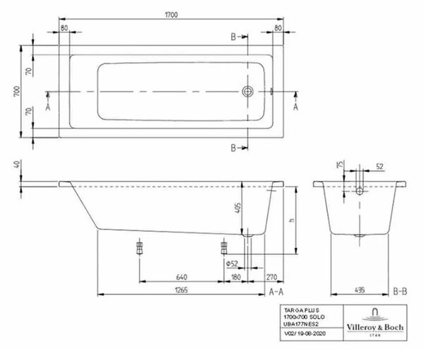 Cada dreptunghiulara, Villeroy & Boch, Targa Plus Solo, 170 x 70 cm, alb alpin