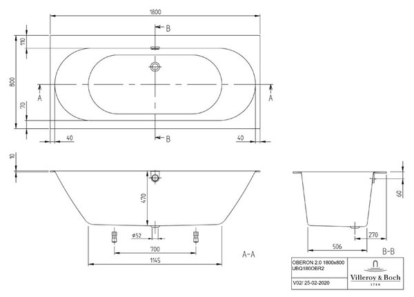 Cada pentru inzidire Villeroy & Boch, Oberon, dreptunghiulara, 180 x 80 cm, alb alpin