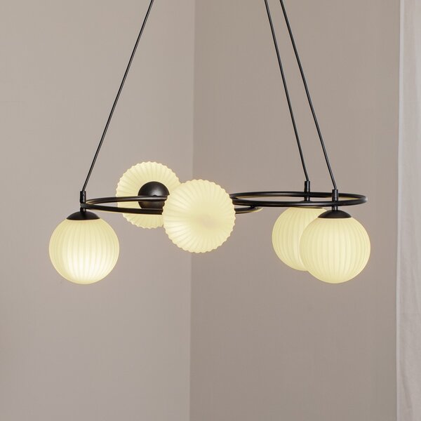EMIBIG LIGHTING Lampă de living Libra, opal/negru, Ø 70 cm, sticlă, 5 becuri., reglabil, Alb, Camera de zi / sufragerie, Metal, Modern