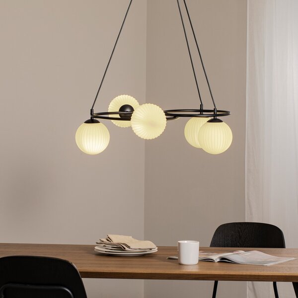 EMIBIG LIGHTING Lampă de living Libra, opal/negru, Ø 70 cm, sticlă, 5 becuri., reglabil, Alb, Camera de zi / sufragerie, Metal, Modern