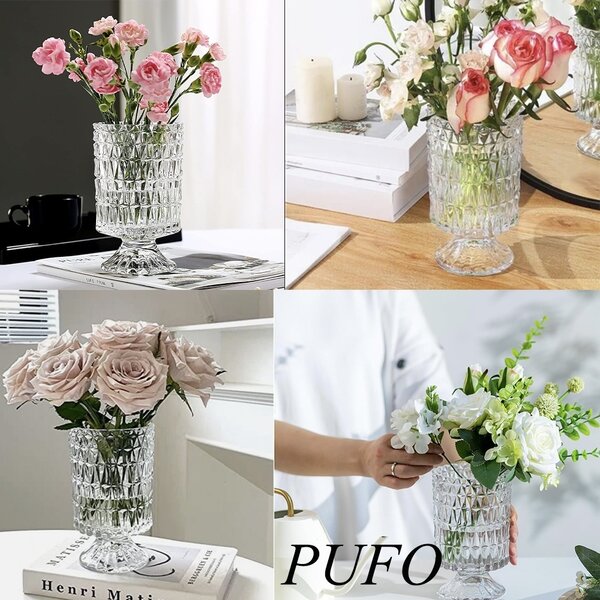 Vaza decorativa eleganta Pufo Grace din sticla cu picior pentru flori si aranjamente, 18 cm- design modern pentru living si decor interior