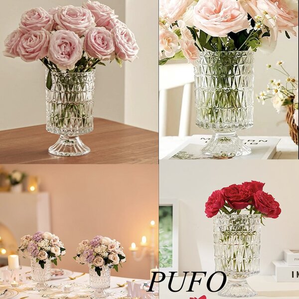 Vaza decorativa eleganta Pufo Grace din sticla cu picior pentru flori si aranjamente, 18 cm- design modern pentru living si decor interior