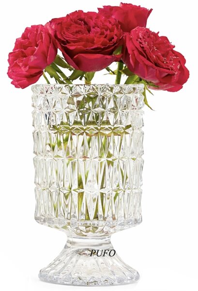 Vaza decorativa eleganta Pufo Grace din sticla cu picior pentru flori si aranjamente, 18 cm- design modern pentru living si decor interior