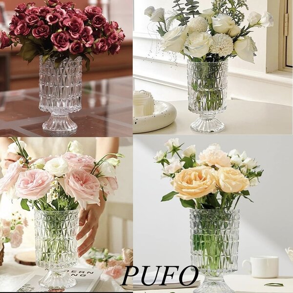Vaza decorativa eleganta Pufo Grace din sticla cu picior pentru flori si aranjamente, 18 cm- design modern pentru living si decor interior