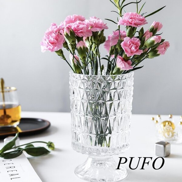 Vaza decorativa eleganta Pufo Grace din sticla cu picior pentru flori si aranjamente, 18 cm- design modern pentru living si decor interior