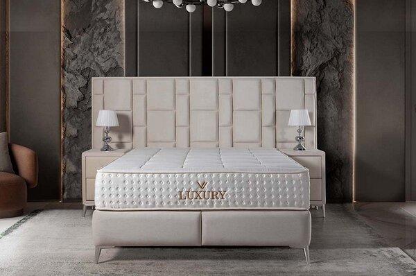 Pat LUXURY 160x200, stofa catifelata crem - Luna 21, cu somiera si spa