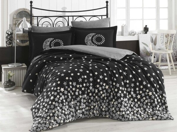 Set lenjerie pat dublu STARS, bumbac, negru/gri, 240x260 cm, cu cearce