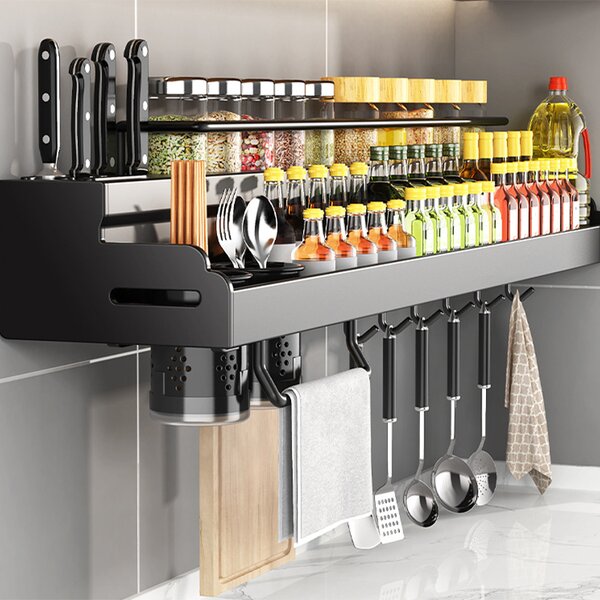 Suport pentru bucatarie multifunctional cu 12 carlige, 2 recipiente tacamuri, 2 sertare depozitare, 63.5 x 13.5 x22 cm