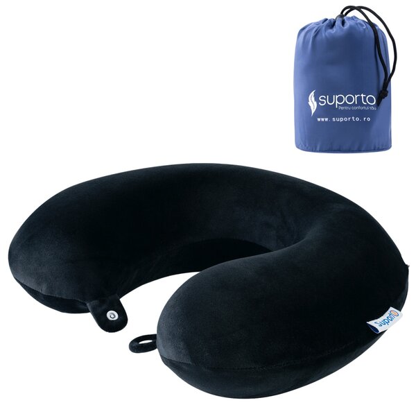 Perna pentru gat Suporto Travel Clasica, Potrivita pentru Calatorii cu Avion, Tren, Masina, din spuma cu memorie, Neagra