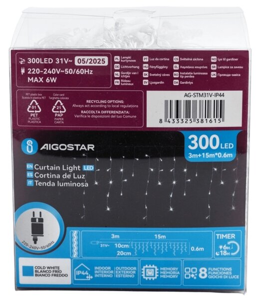 Aigostar -LED Ghirlandă decorativă cu LED pentru exterior 300xLED/6W/230V 15x0,6m IP44 alb rece