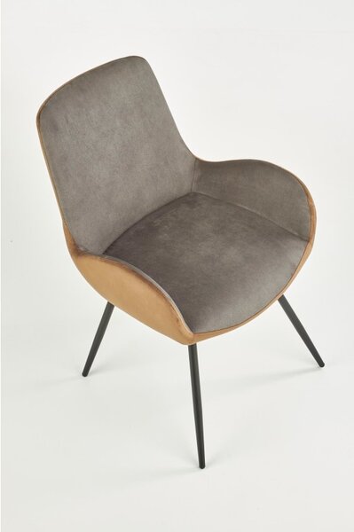 Scaun tapitat pentru living, catifea gri/maro, cadru metal, stil modern, 53x60x82x48 cm