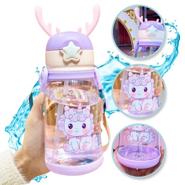 Sticla pentru copii din plastic cu pai UNICORN 600 ml