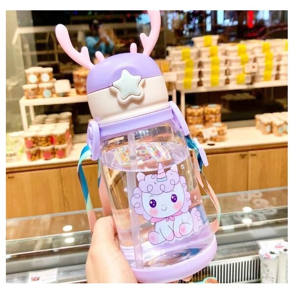 Sticla pentru copii din plastic cu pai UNICORN 600 ml