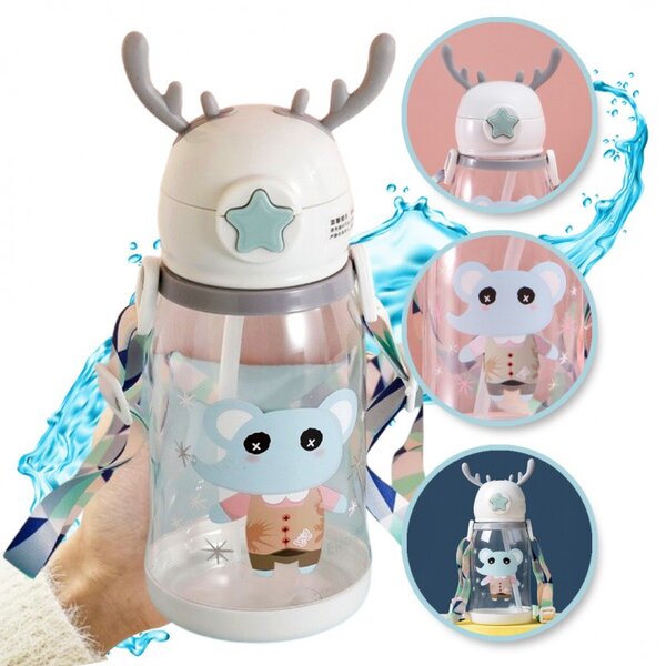 Sticla pentru copii din plastic cu pai ELEFANT 600 ml
