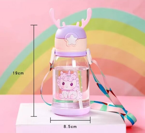 Sticla pentru copii din plastic cu pai UNICORN 600 ml