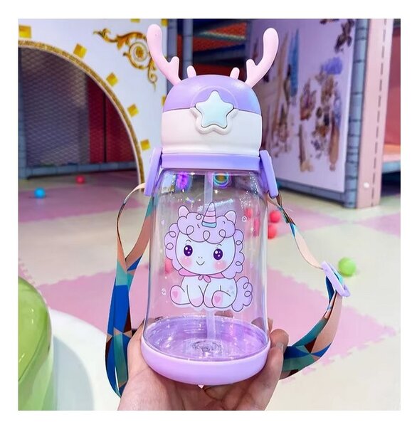 Sticla pentru copii din plastic cu pai UNICORN 600 ml