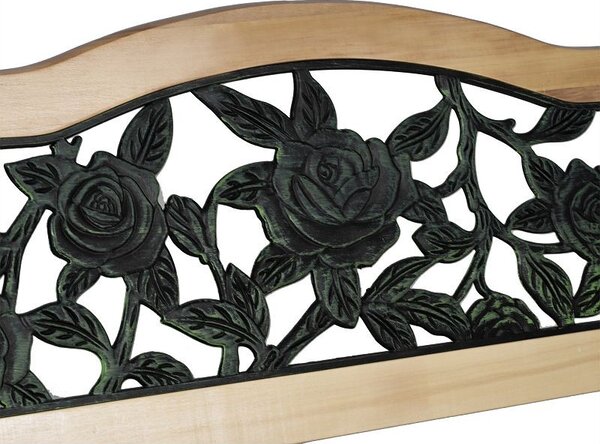 Banca gradina, sezut si spatar lemn, model floral, structura otel, 125x51x76 cm