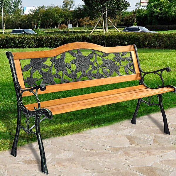 Banca gradina, sezut si spatar lemn, model floral, structura otel, 125x51x76 cm
