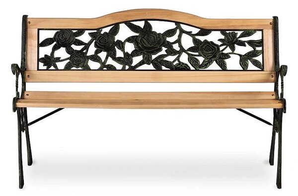 Banca gradina, sezut si spatar lemn, model floral, structura otel, 125x51x76 cm