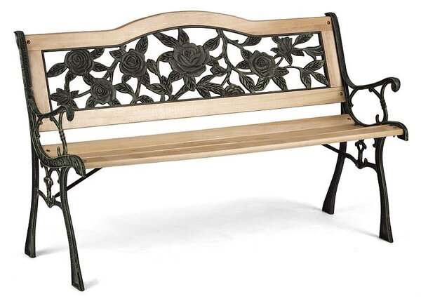 Banca gradina, sezut si spatar lemn, model floral, structura otel, 125x51x76 cm